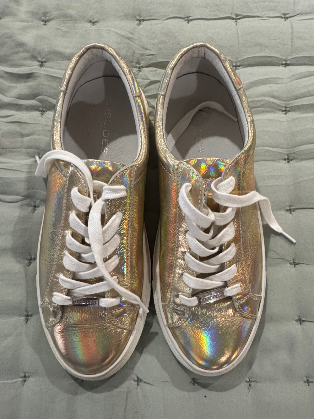 J Slides Holographic Metallic Sneakers with White Laces